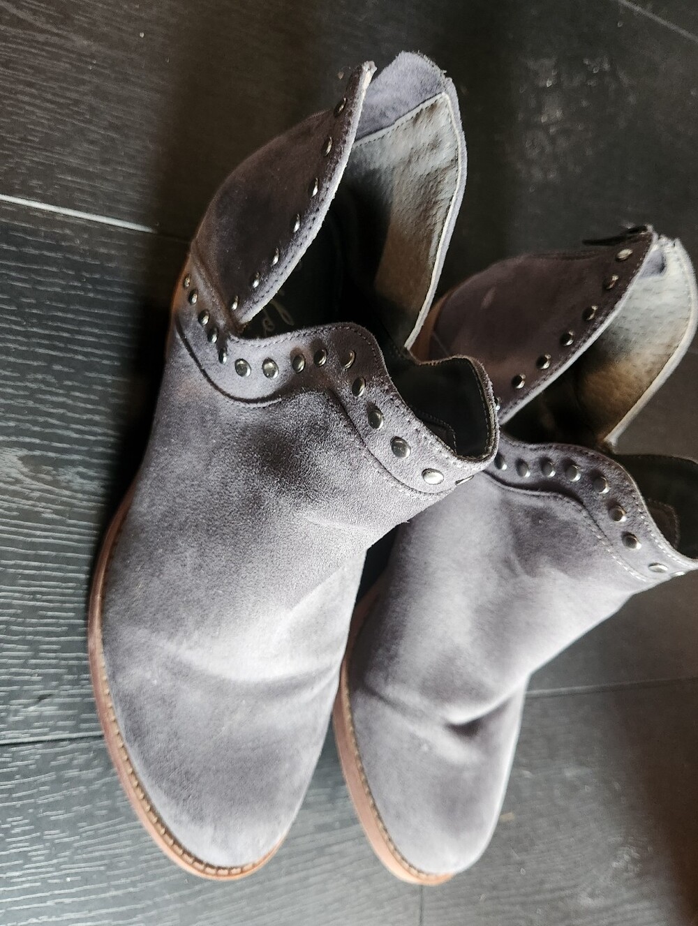 Carlos Santana Gray Suede Ankle Boots with Stud Trim